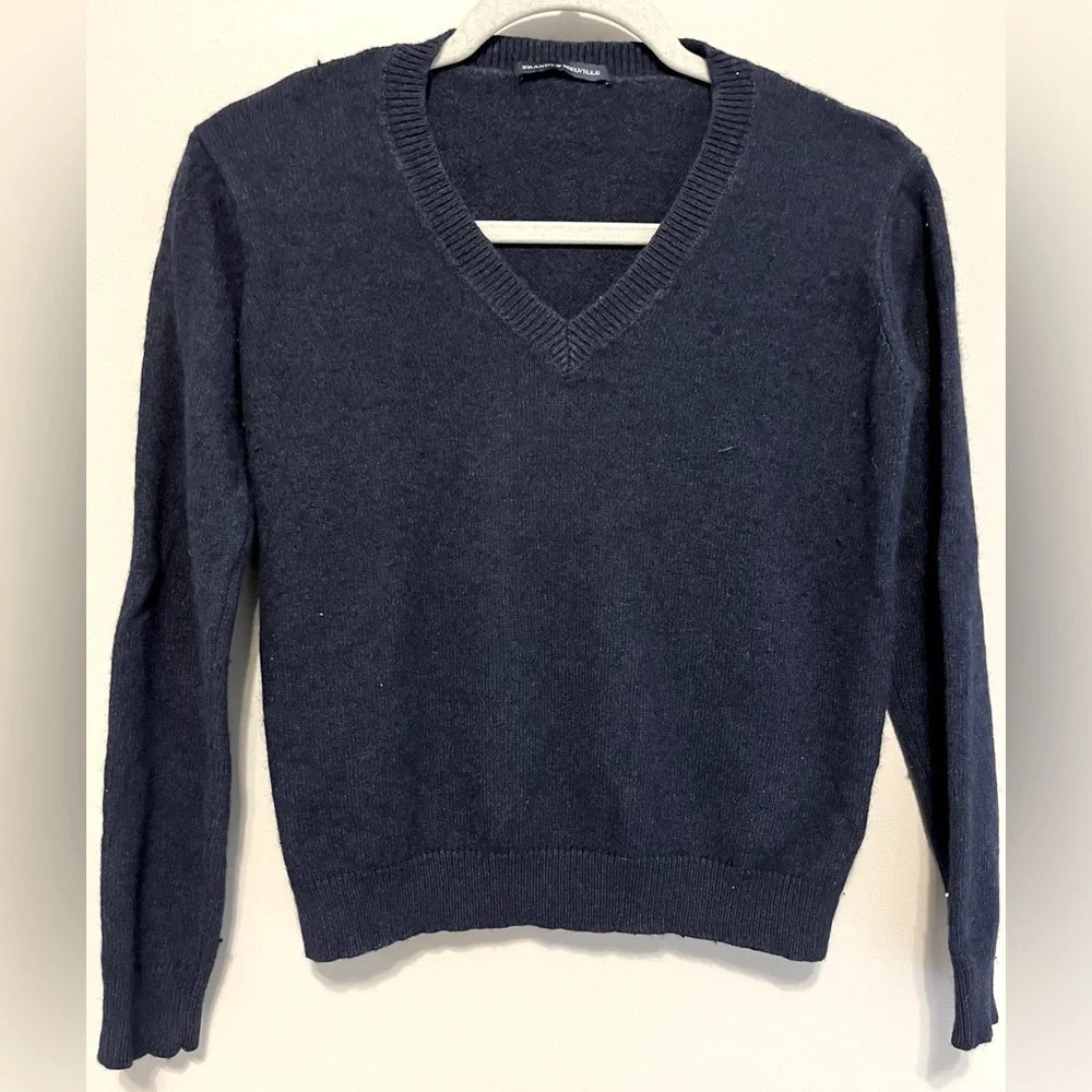 Brandy Melville V-Neck Navy Wool Blue Sweater waist elastic long sleeves